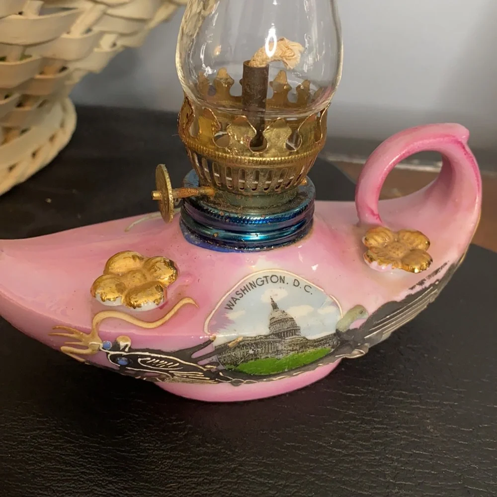 . Vintage Pink Ceramic Oil Lamp Lantern - Washington D.C. Souvenir